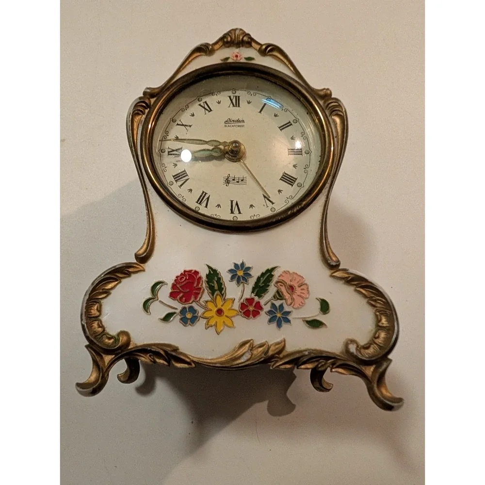 Linden Black Forest Wind Up Alarm Clock W Germany Maytime Reuge Brass Mechanical
